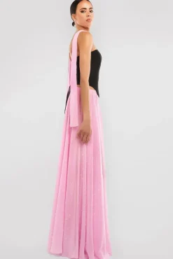 Compact Crepe Lace Up Corset With Gathered A-Line Glitter Chiffon Maxi Skirt & Scarf - Black, Pink & Pink by Goddiva