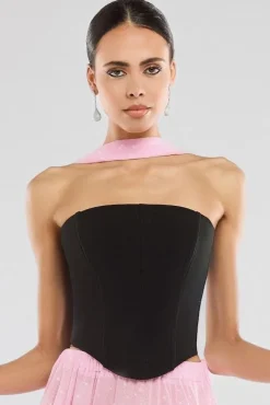 Compact Crepe Lace Up Corset With Gathered A-Line Glitter Chiffon Maxi Skirt & Scarf - Black, Pink & Pink by Goddiva