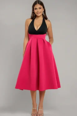 Contrast Halter Neck Pleated A-Line Midaxi Dress - Black Magenta by Goddiva