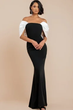 Contrast Off Shoulder Back Satin Bow Scuba Maxi Dress - Black Cream by Goddiva