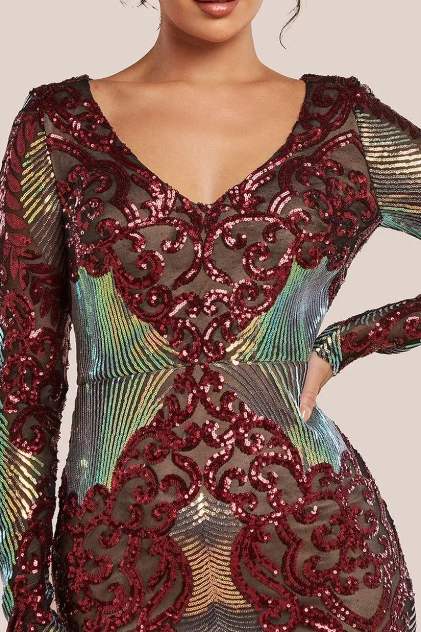 Contrast Sequin Long Sleeve Maxi Dress - Wine by Goddiva