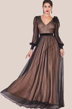 Corsage V-Neck Dobby Mesh Maxi - Black by Goddiva