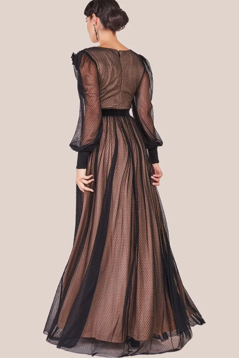 Corsage V-Neck Dobby Mesh Maxi - Black by Goddiva