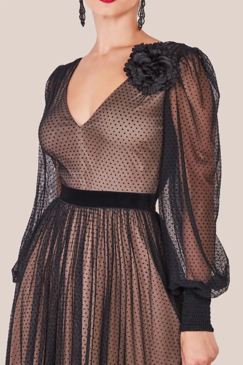 Corsage V-Neck Dobby Mesh Maxi - Black by Goddiva