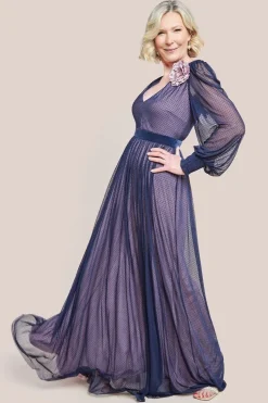 Corsage V-Neck Dobby Mesh Maxi Dress - Blue by Goddiva