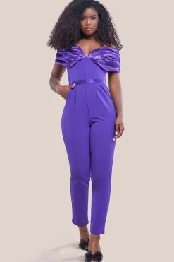 Corset Bodice Scuba & Satin Bardot Jumpsuit - Purple by Goddiva