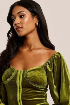 Corset Detail Green Velvet Midi Dress by Liquorish