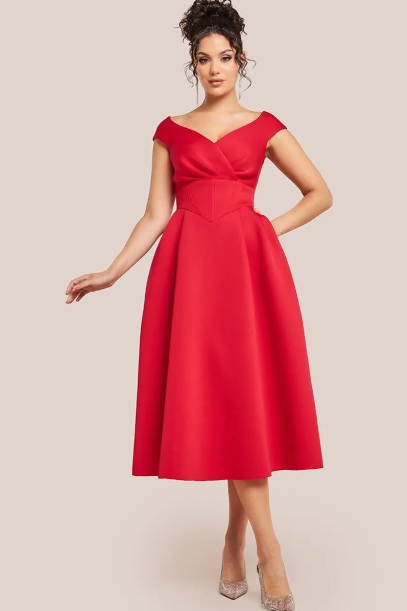 Corset Fit & Flare Midi Dress - Red by Goddiva