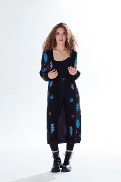Cosmic Pattern Open Front Cardigan In Black by Liquorish