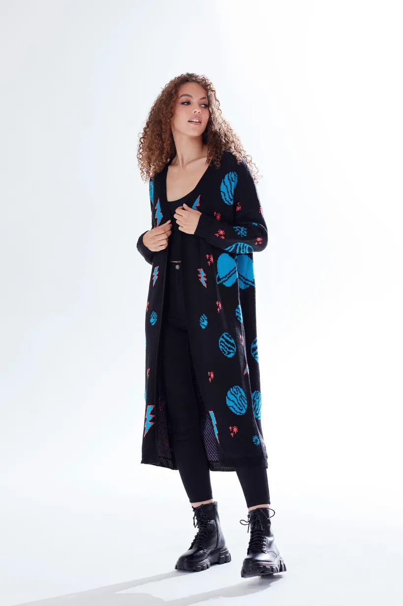 Cosmic Pattern Open Front Cardigan In Black by Liquorish