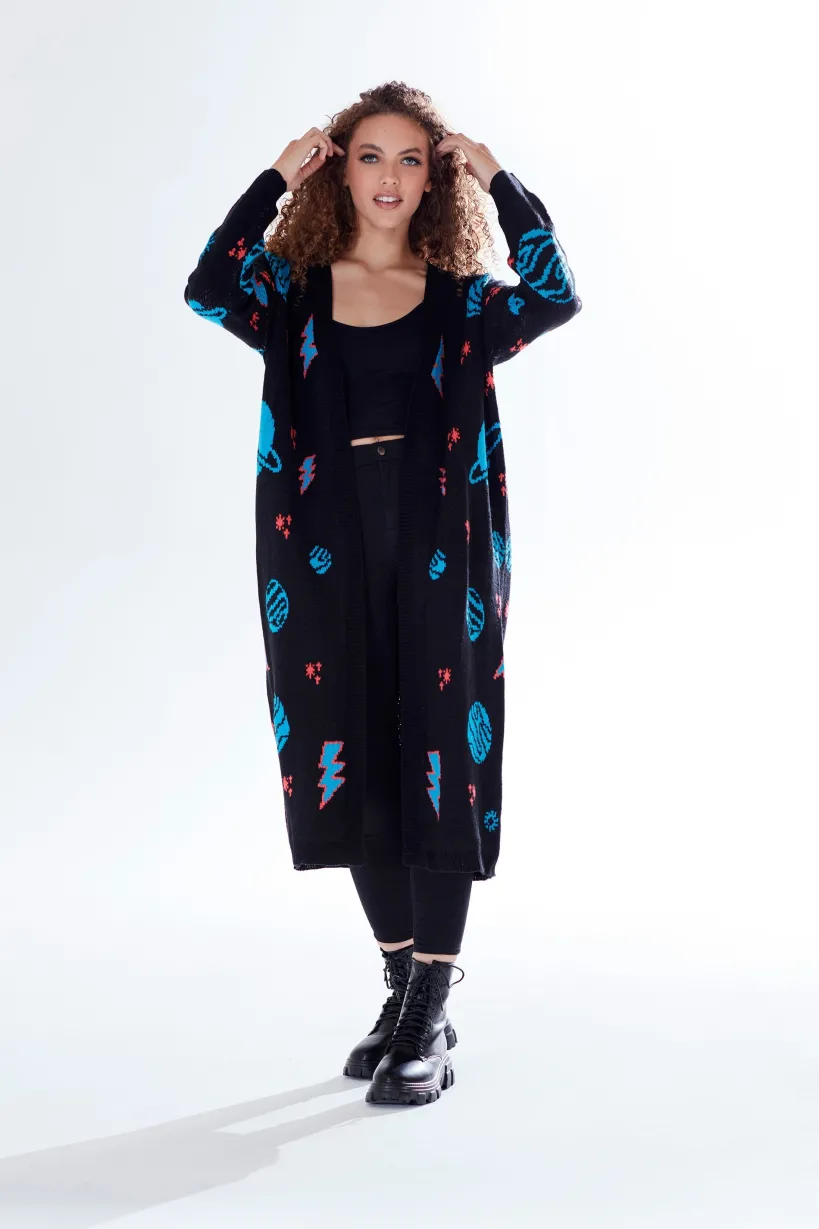 Cosmic Pattern Open Front Cardigan In Black by Liquorish