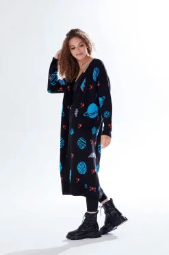 Cosmic Pattern Open Front Cardigan In Black by Liquorish