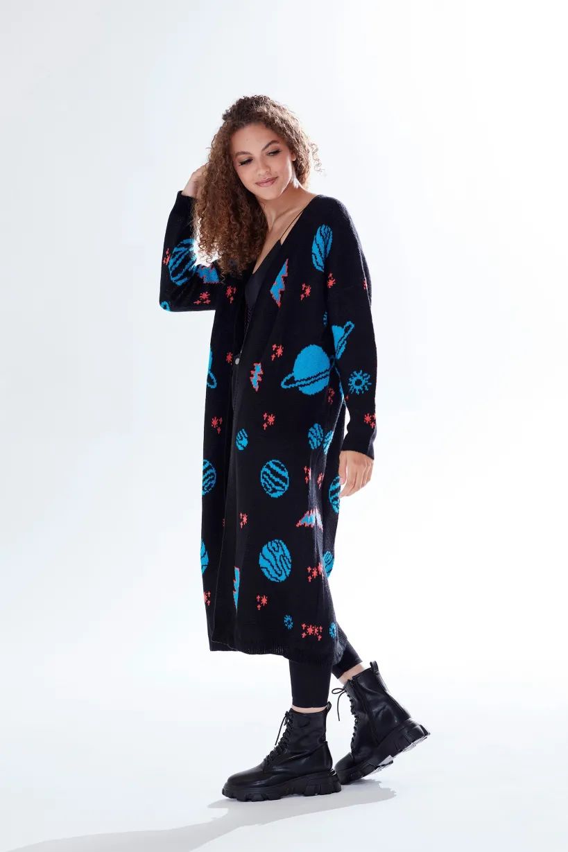 Cosmic Pattern Open Front Cardigan In Black by Liquorish