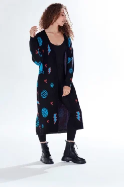 Cosmic Pattern Open Front Cardigan In Black by Liquorish