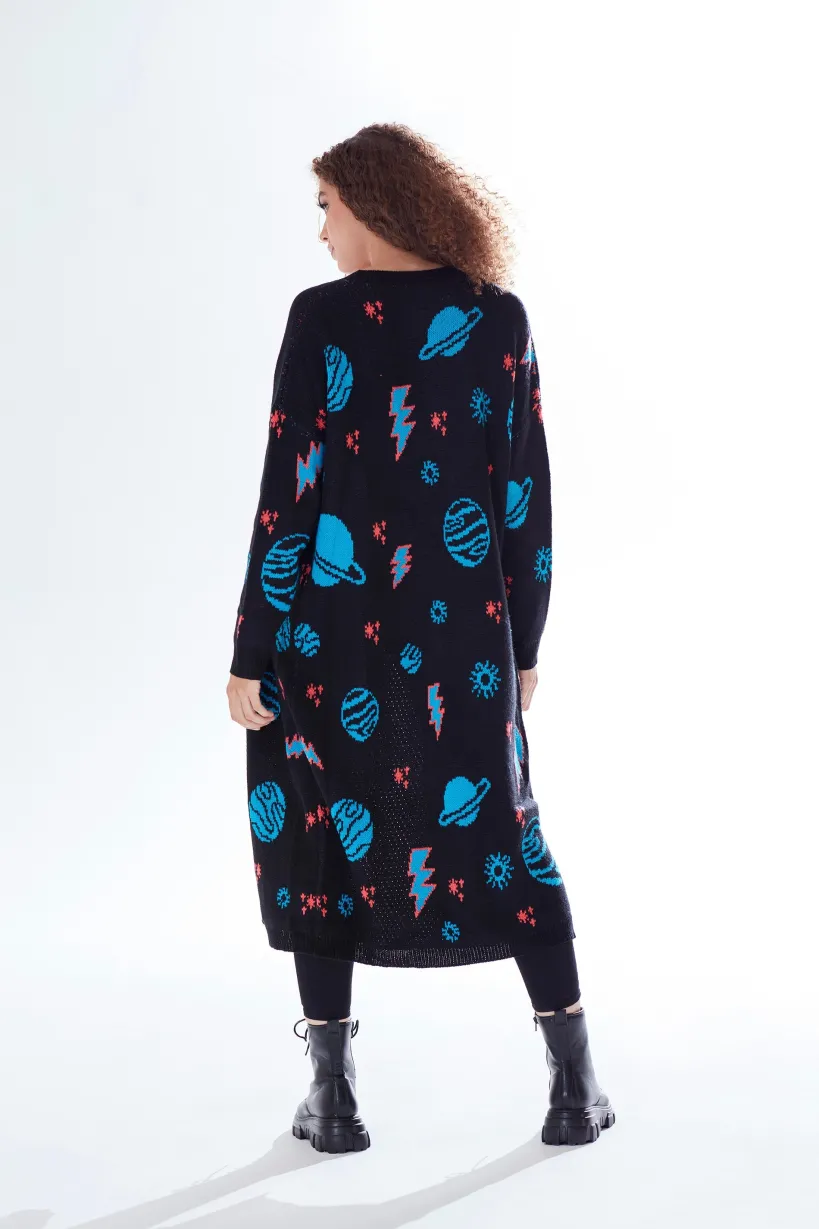 Cosmic Pattern Open Front Cardigan In Black by Liquorish