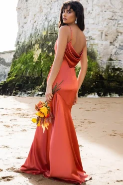 Cowl Back Satin Maxi Dress - Burntorange by Goddiva