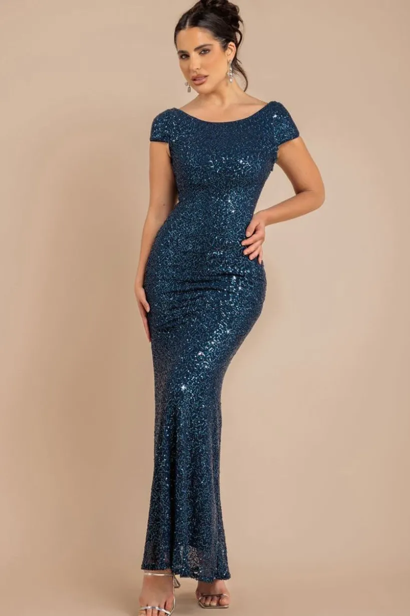 Cowl Back Sequin Maxi Dress - Navy by Goddiva
