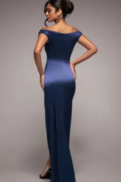 Cowl Bardot Satin Twill Maxi Dress - Navy by Goddiva