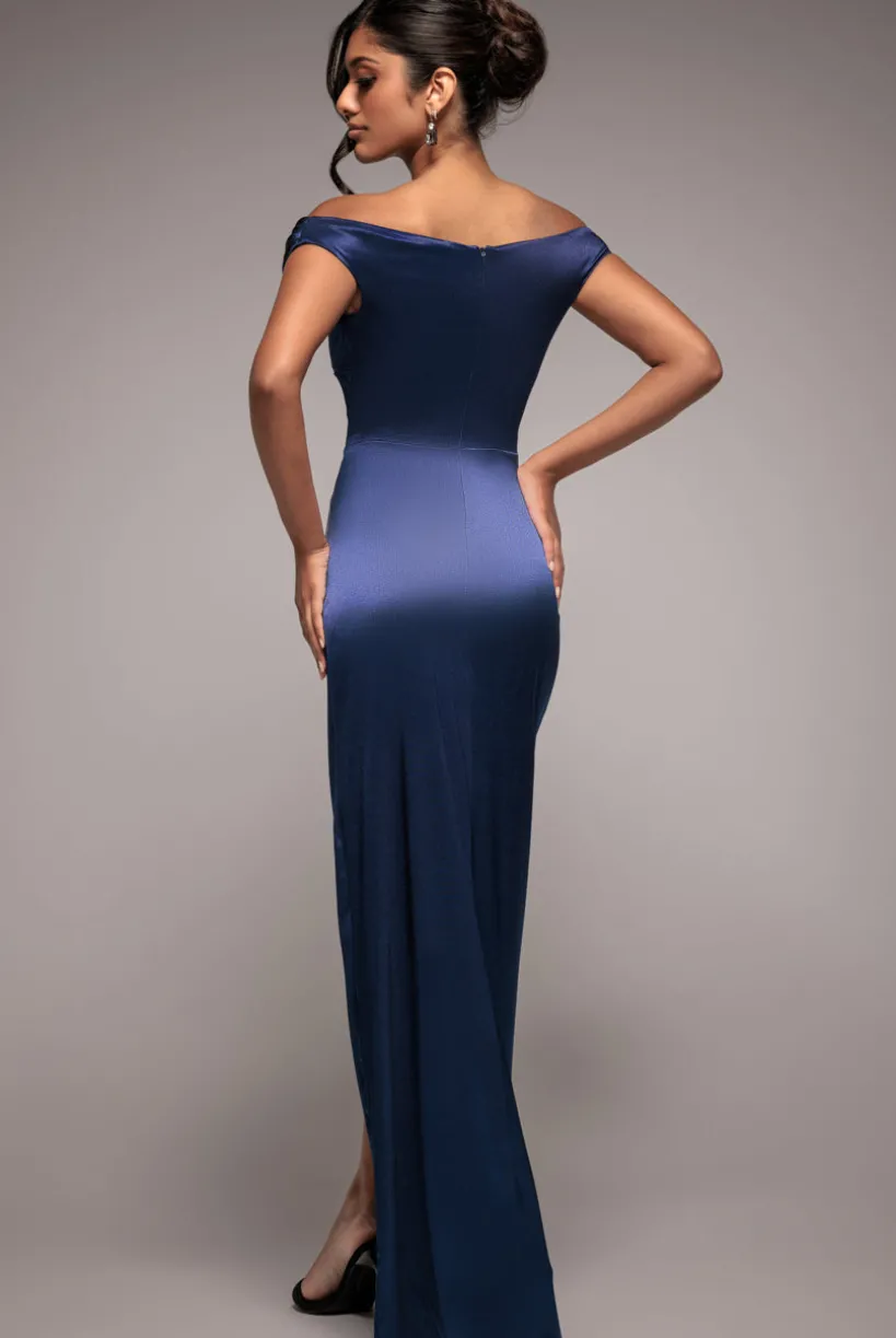 Cowl Bardot Satin Twill Maxi Dress - Navy by Goddiva