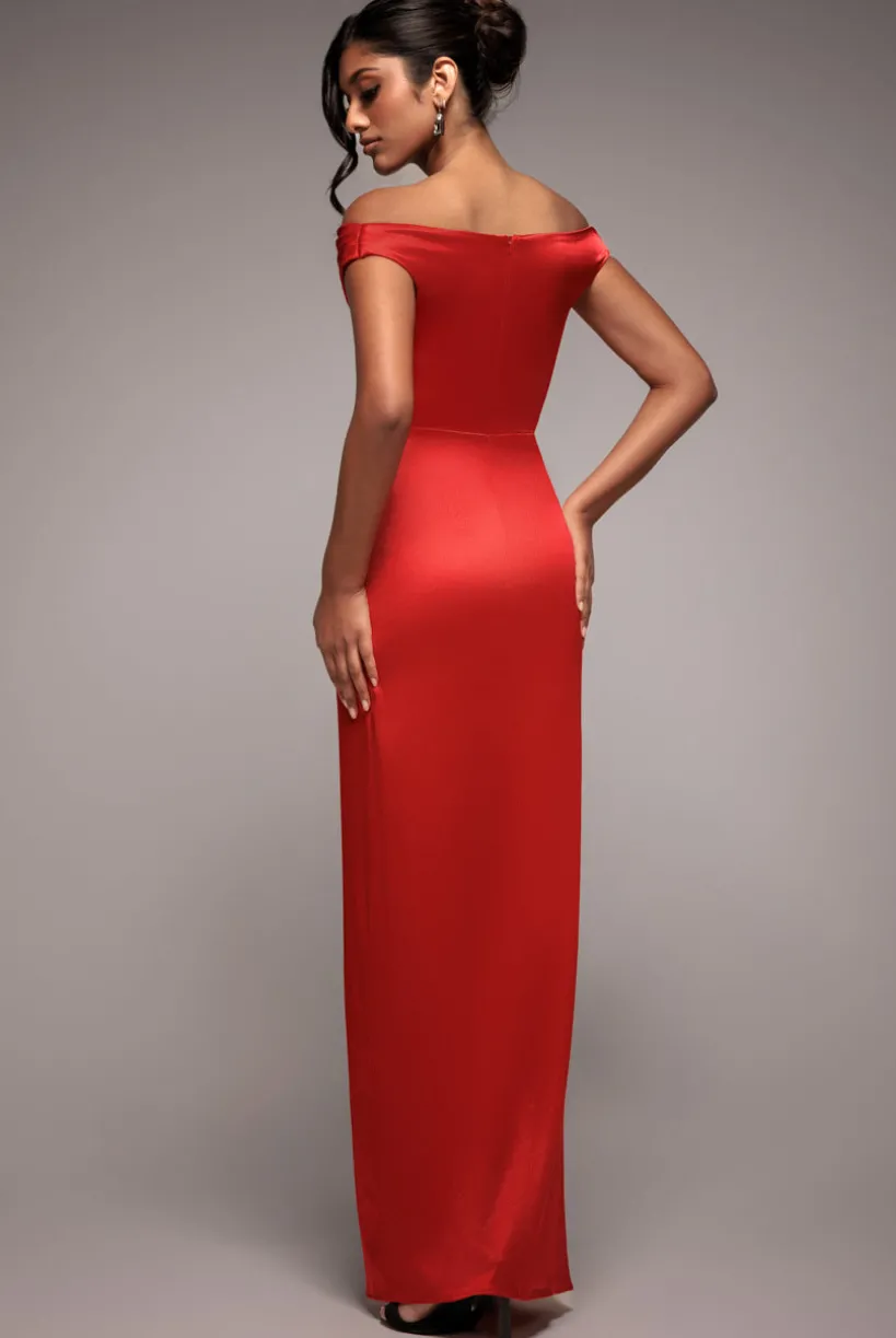 Cowl Bardot Satin Twill Maxi Dress - Red by Goddiva