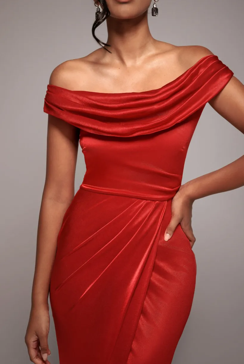Cowl Bardot Satin Twill Maxi Dress - Red by Goddiva