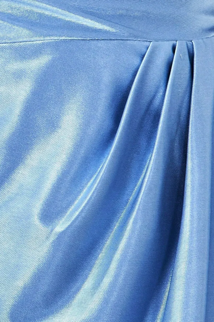 Cowl Neck Bardot Satin Midi Front Split - Dusty Blue by Goddiva