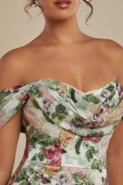 Cowl Neck Floral Print Jacquard Chiffon Maxi Dress - Cream by Goddiva