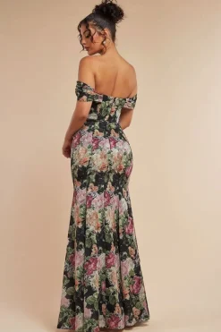 Cowl Neck Floral Print Jacquard Chiffon Maxi Dress - Black by Goddiva