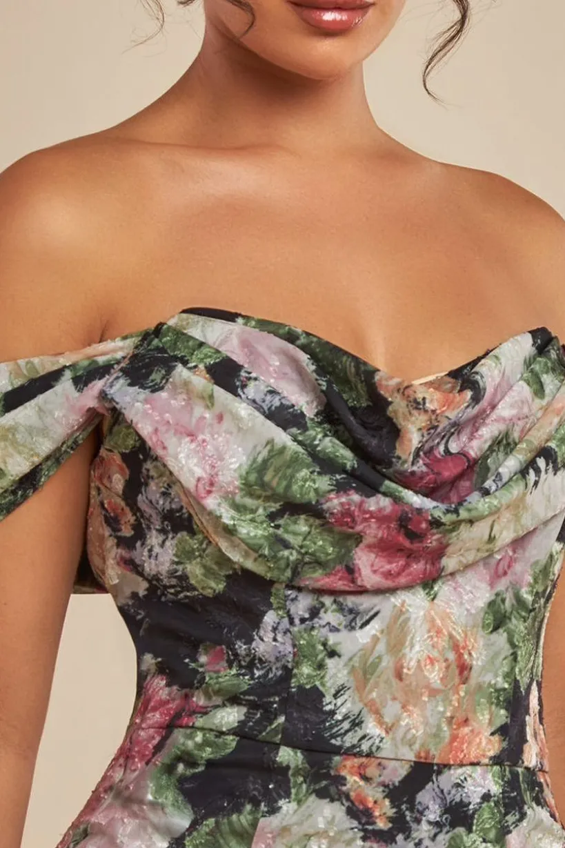 Cowl Neck Floral Print Jacquard Chiffon Maxi Dress - Black by Goddiva