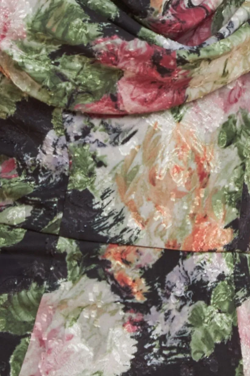 Cowl Neck Floral Print Jacquard Chiffon Maxi Dress - Black by Goddiva