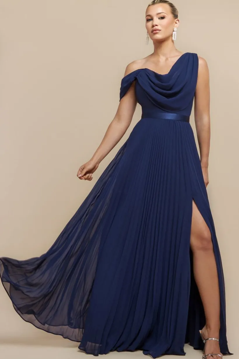Cowl Neck One Shoulder A Line Chiffon Maxi Dress - Navy Blue by Goddiva