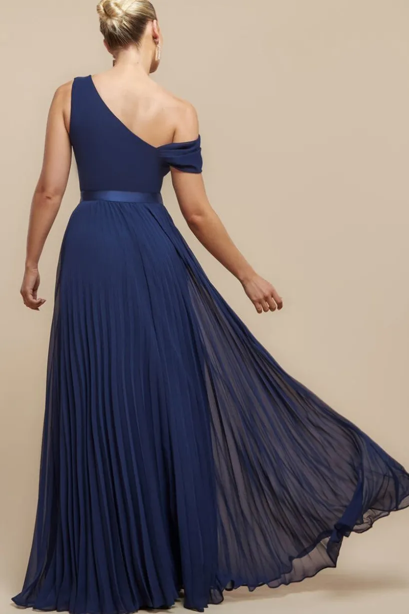 Cowl Neck One Shoulder A Line Chiffon Maxi Dress - Navy Blue by Goddiva