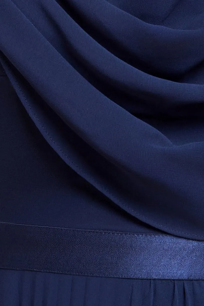 Cowl Neck One Shoulder A Line Chiffon Maxi Dress - Navy Blue by Goddiva