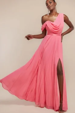 Cowl Neck One Shoulder A Line Chiffon Maxi Dress - Coral by Goddiva
