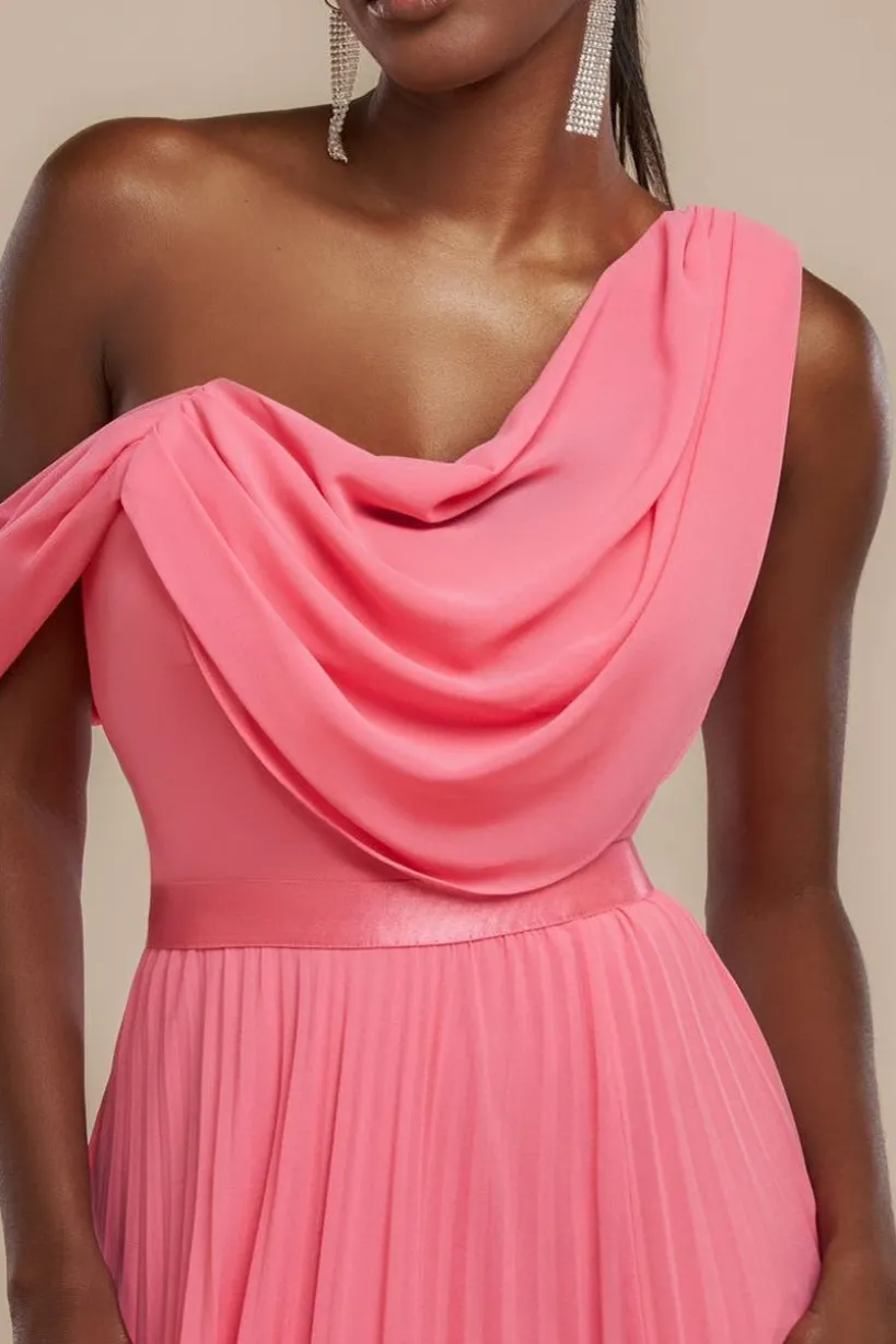 Cowl Neck One Shoulder A Line Chiffon Maxi Dress - Coral by Goddiva