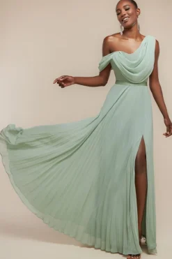 Cowl Neck One Shoulder A Line Chiffon Maxi Dress - Sage Green by Goddiva