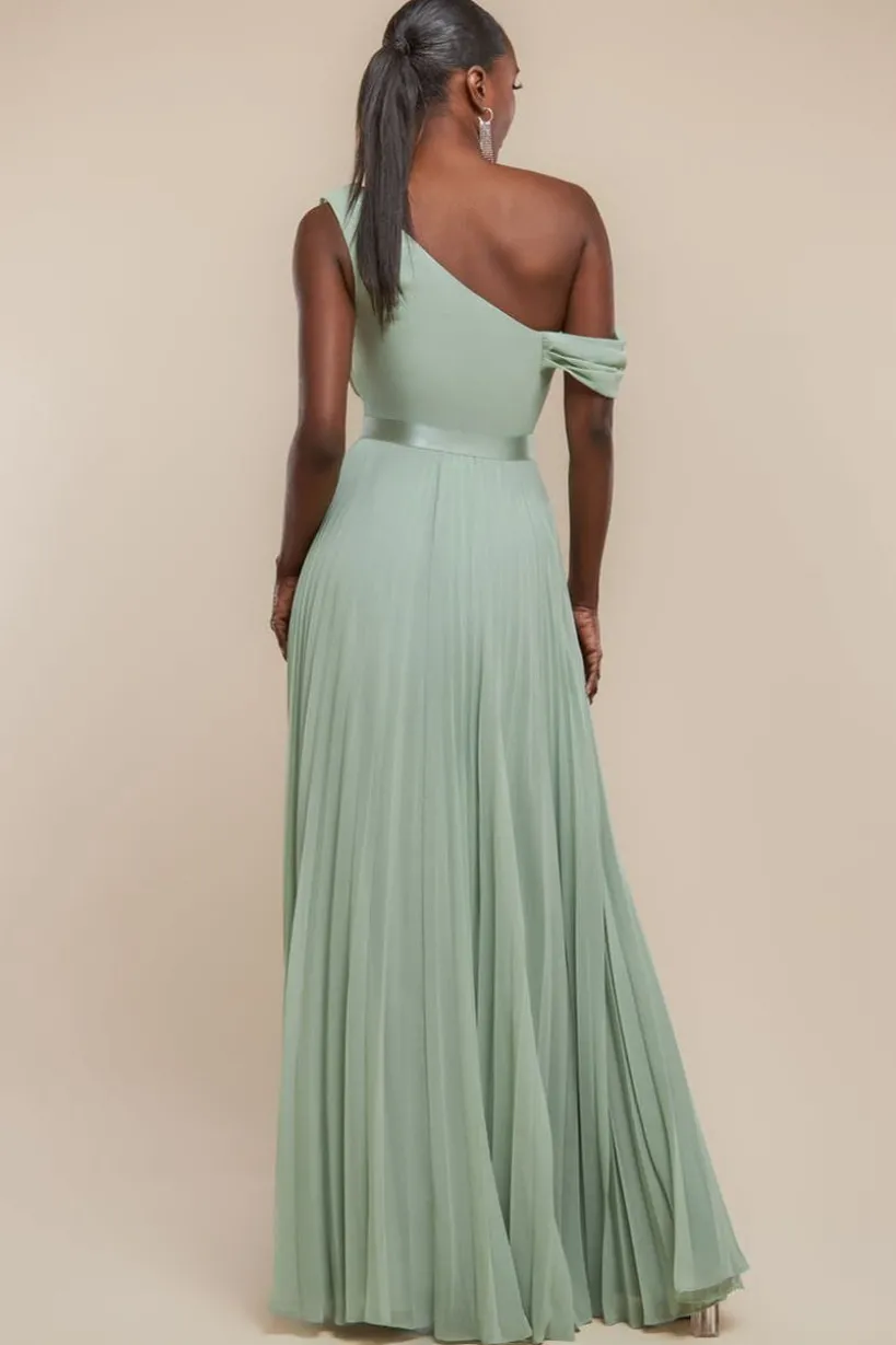 Cowl Neck One Shoulder A Line Chiffon Maxi Dress - Sage Green by Goddiva