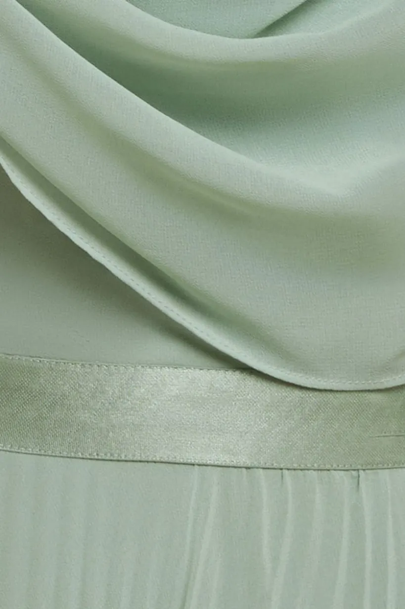 Cowl Neck One Shoulder A Line Chiffon Maxi Dress - Sage Green by Goddiva