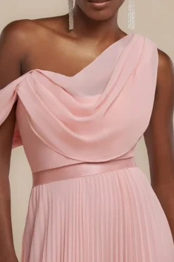 Cowl Neck One Shoulder A Line Chiffon Maxi Dress - Blush Pink by Goddiva