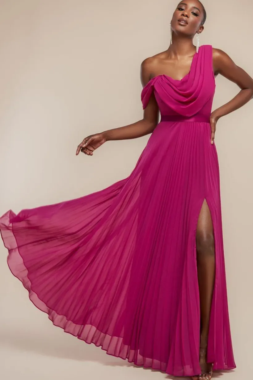 Cowl Neck One Shoulder A Line Chiffon Maxi Dress - Magenta by Goddiva