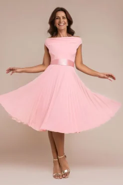 Cowl Neck Pleated A-Line Chiffon Midi Dress - Blush Pink by Goddiva