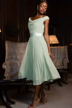 Cowl Neck Pleated A-Line Chiffon Midi Dress - Sage Green by Goddiva