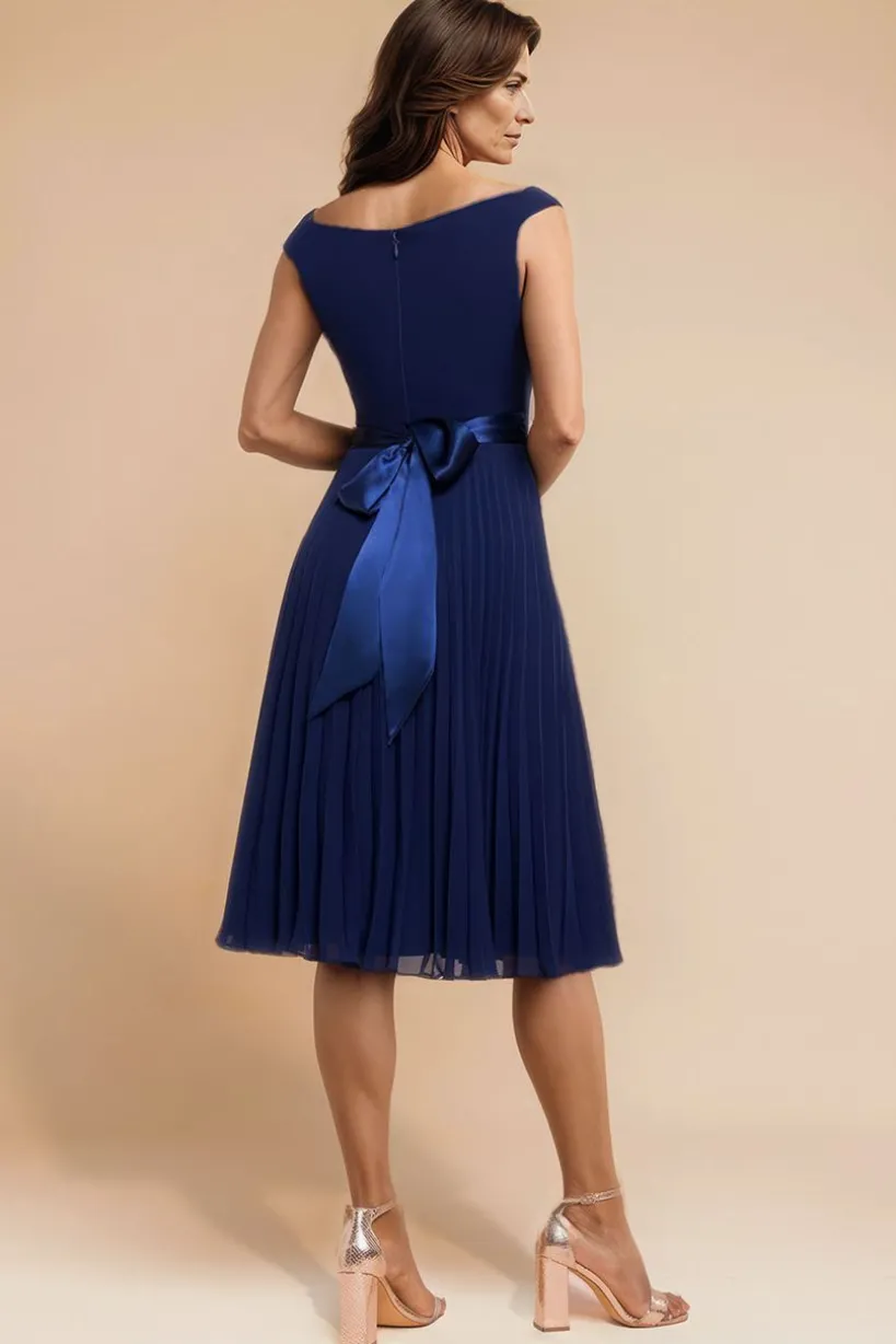 Cowl Neck Pleated A-Line Chiffon Midi Dress - Navy Blue by Goddiva