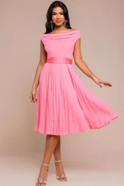 Cowl Neck Pleated A-Line Chiffon Midi Dress - Coral by Goddiva