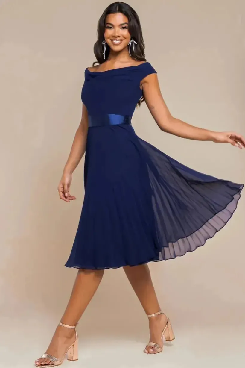 Cowl Neck Pleated A-Line Chiffon Midi Dress - Navy Blue by Goddiva