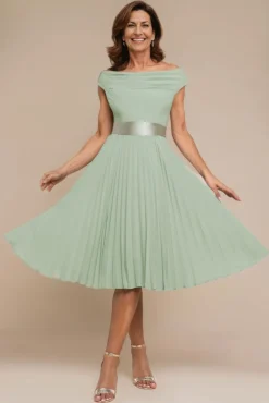 Cowl Neck Pleated A-Line Chiffon Midi Dress - Sage Green by Goddiva