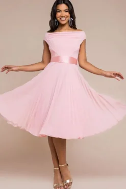 Cowl Neck Pleated A-Line Chiffon Midi Dress - Blush Pink by Goddiva