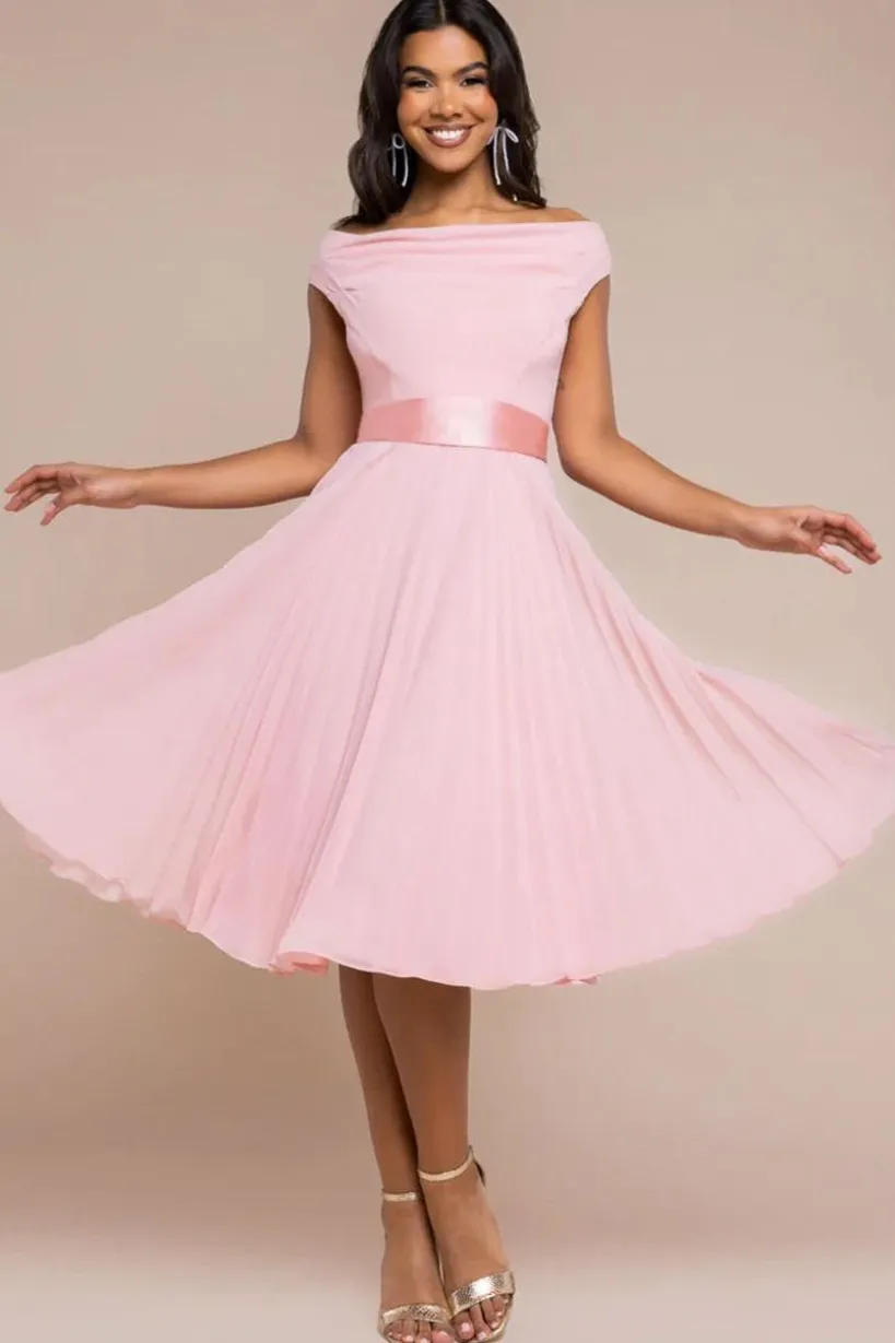 Cowl Neck Pleated A-Line Chiffon Midi Dress - Blush Pink by Goddiva