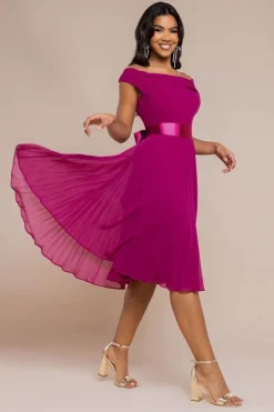 Cowl Neck Pleated A-Line Chiffon Midi Dress - Magenta by Goddiva