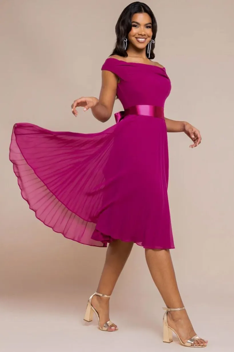 Cowl Neck Pleated A-Line Chiffon Midi Dress - Magenta by Goddiva
